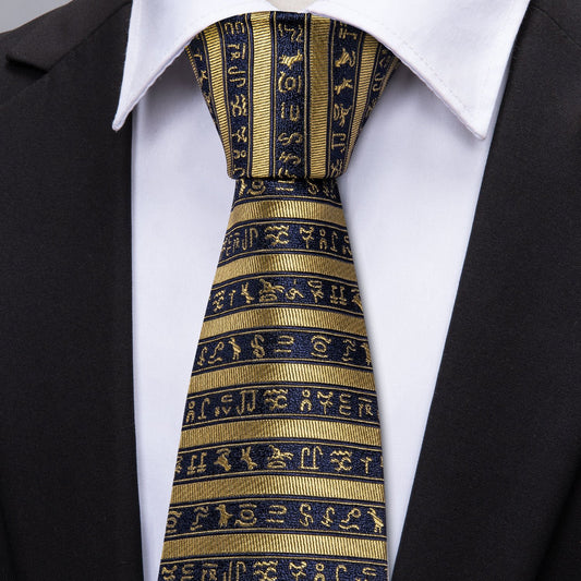 Black Yellow Striped Men's Necktie Pocket Square Cufflinks Set - barry-wang