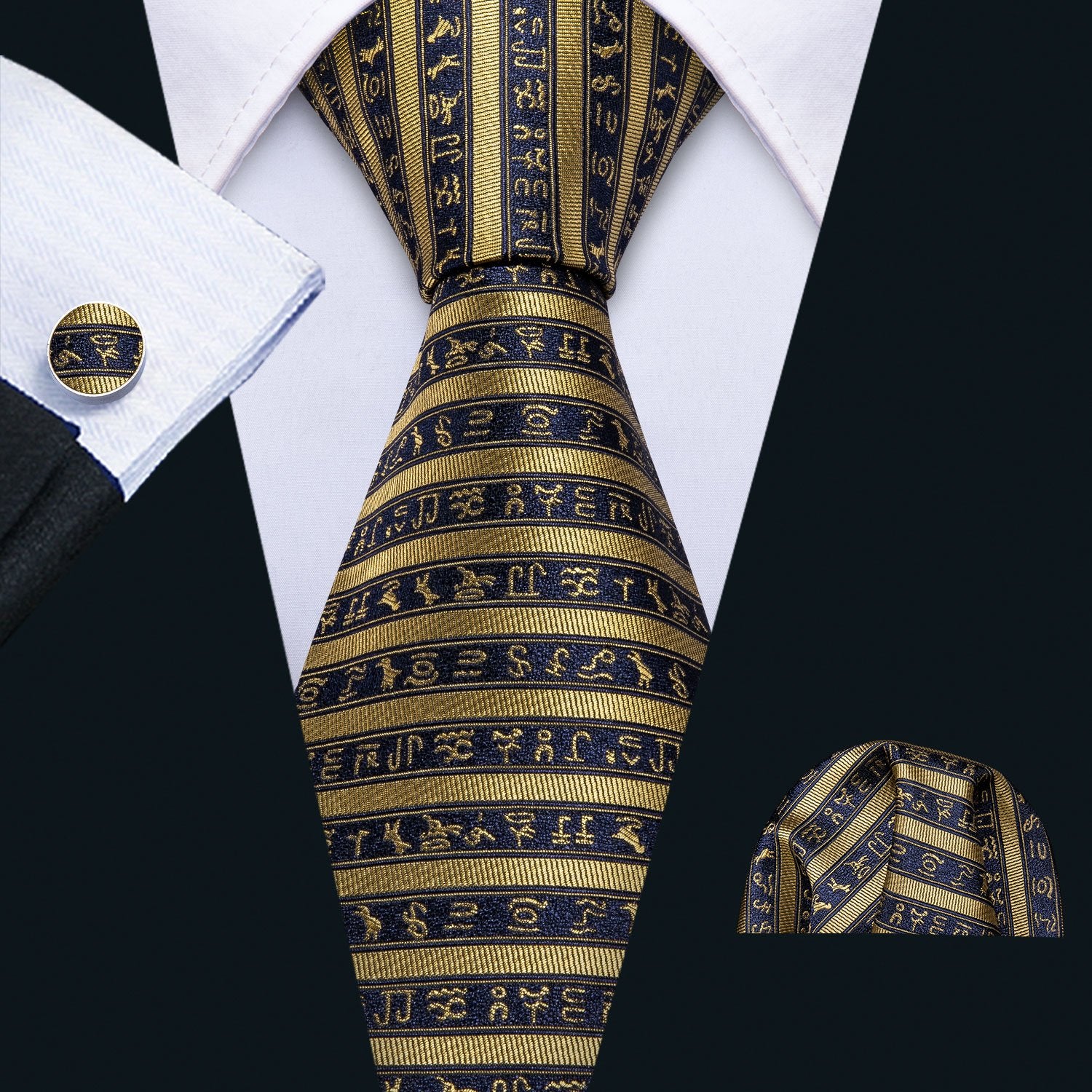 Black Yellow Striped Men's Necktie Pocket Square Cufflinks Set - barry-wang