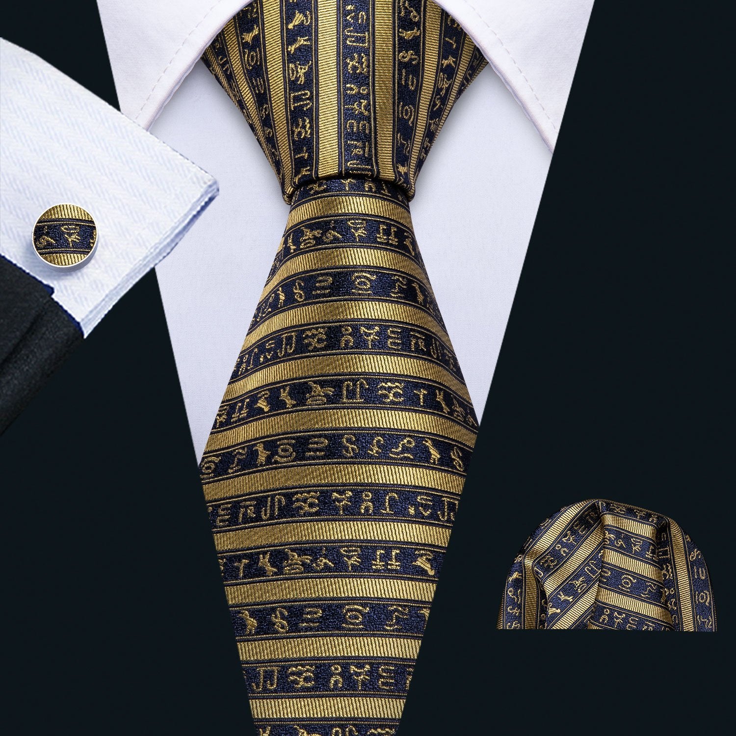 Deep Blue Yellow Striped Necktie Pocket Square Cufflink Clip Gift Box Set