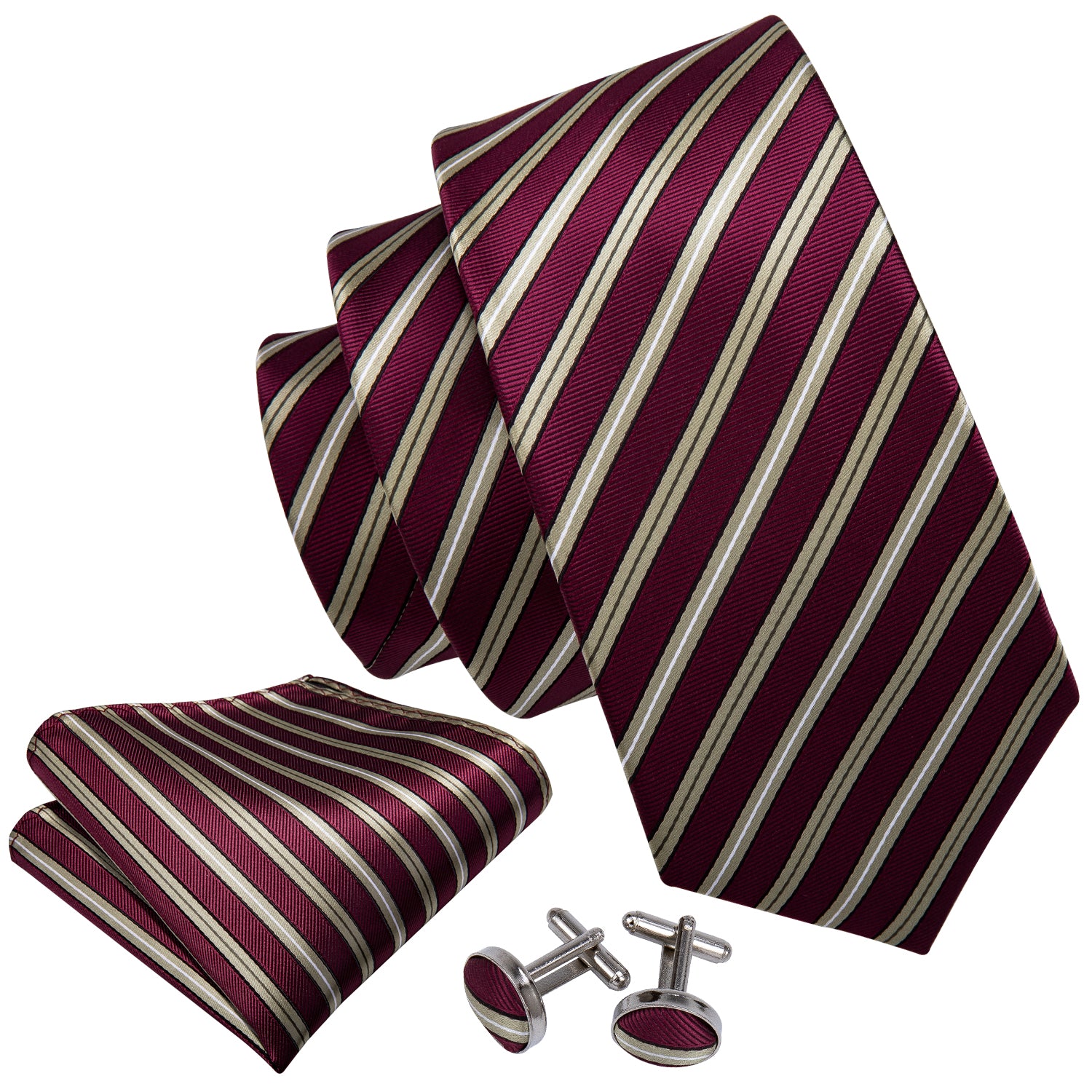 Burgundy Red Golden Stripe Tie Pocket Square Cufflinks Set