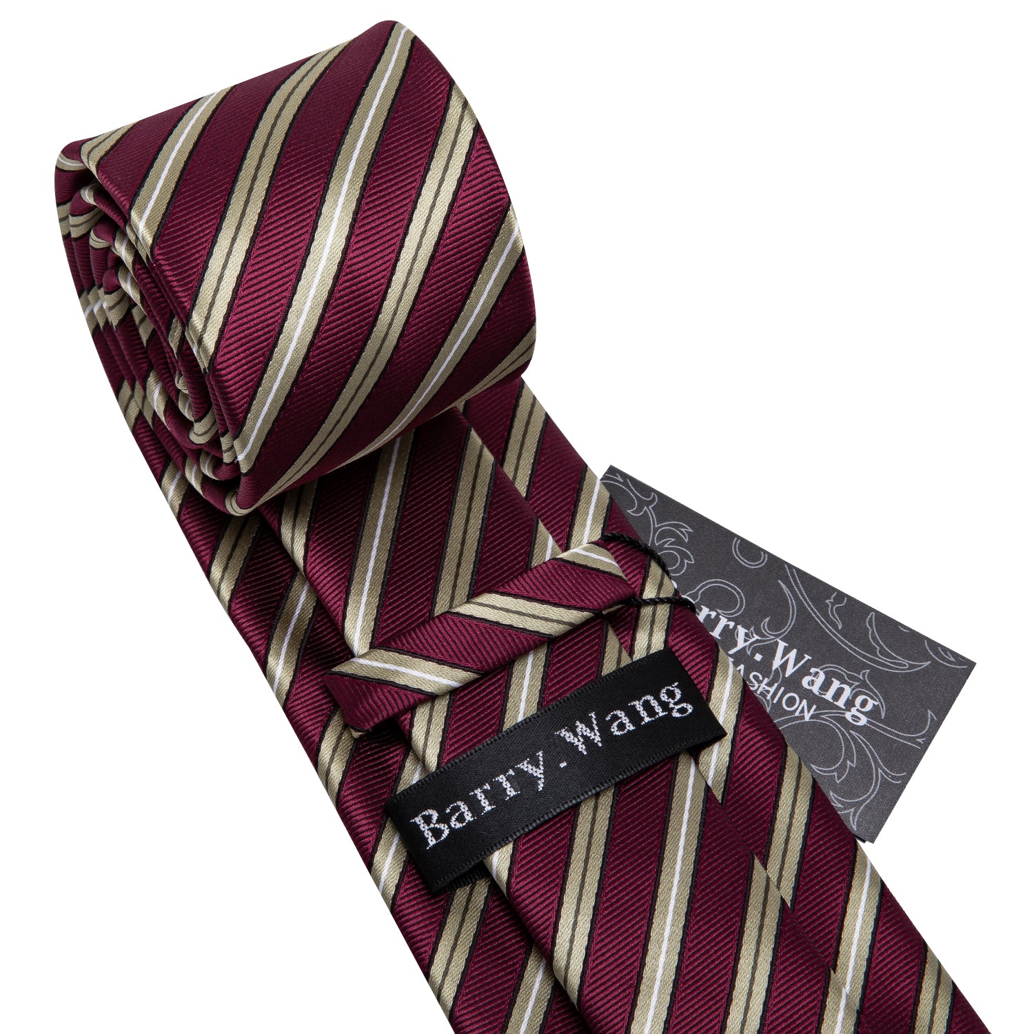 Burgundy Red Golden Stripe Tie Pocket Square Cufflinks Set
