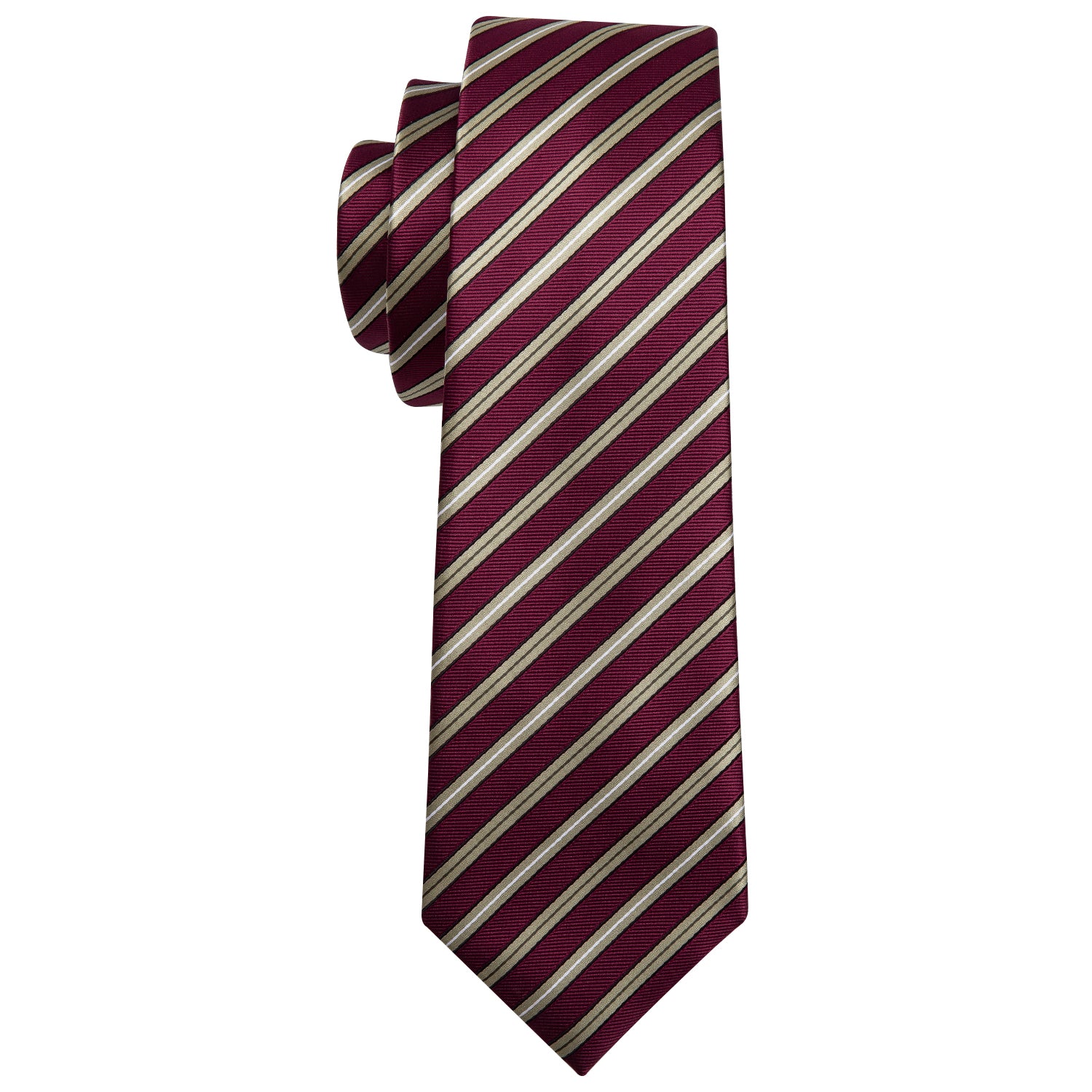 Burgundy Red Golden Stripe Tie Pocket Square Cufflinks Set