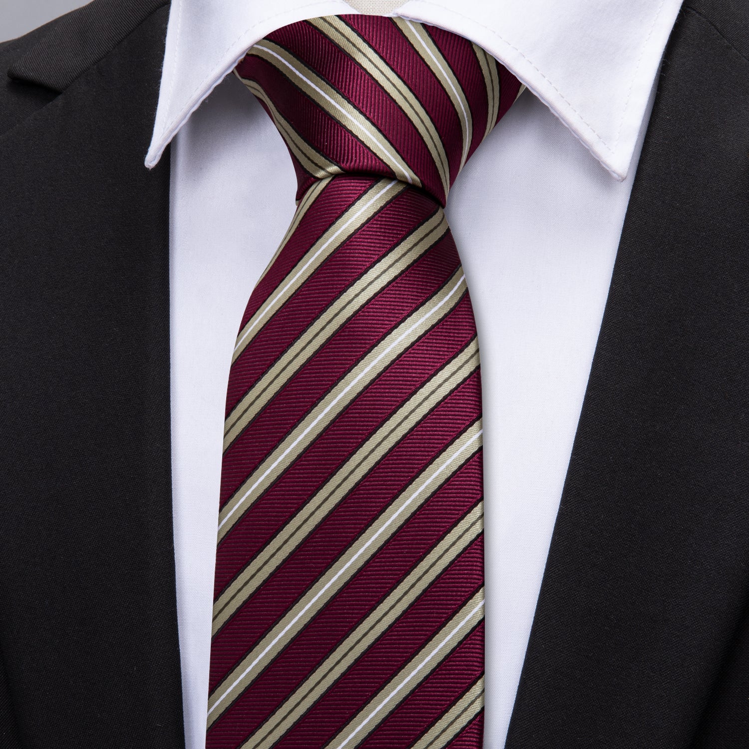 Burgundy Red Golden Stripe Tie Pocket Square Cufflinks Set
