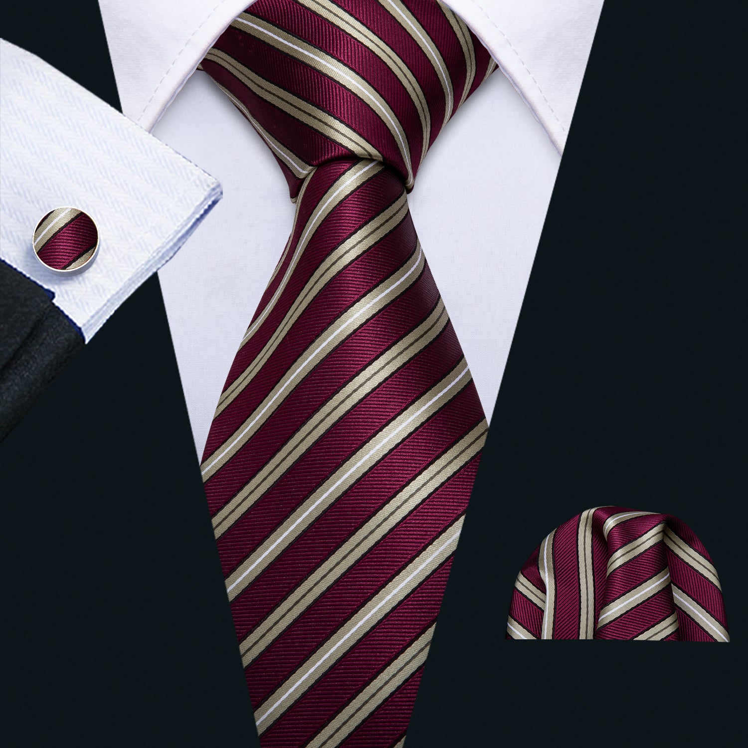 Burgundy Red Golden Stripe Tie Pocket Square Cufflinks Set