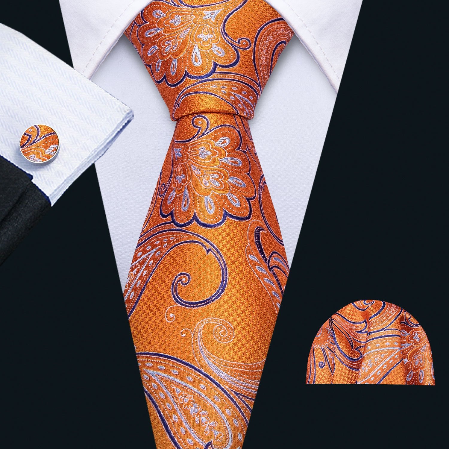 Orange Blue Paisley Men's Necktie Pocket Square Cufflinks Set - barry-wang