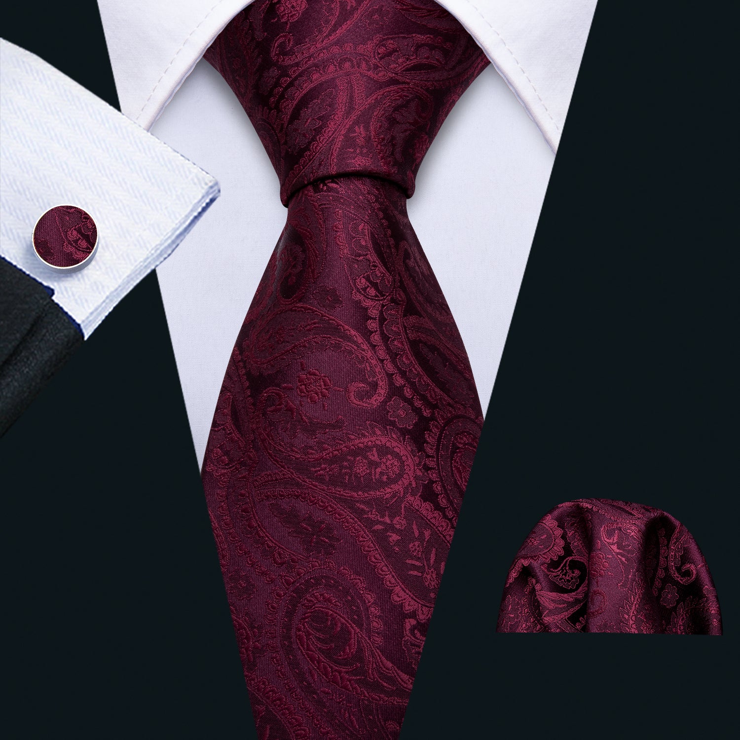 Fashion Wine Paisley Tie Pocket Square Cufflinks Set 8.5cm Designer Neckties with Brooches Easy Matching