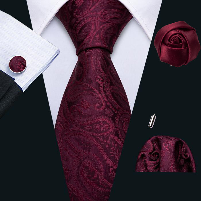 Wine Tie Paisley Tie Pocket Square Cufflinks Set with Brooches