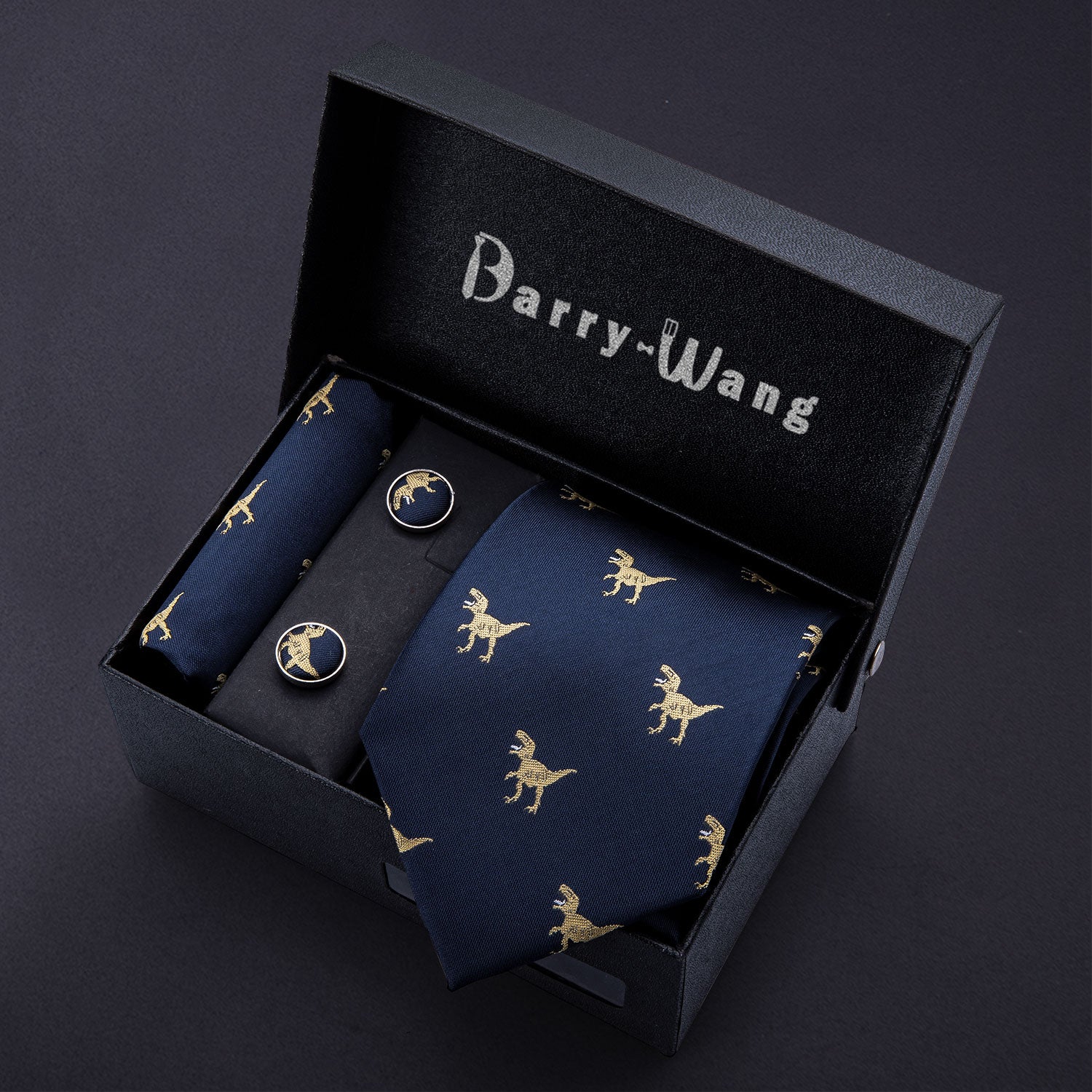 Novelty Blue Dinosaur Necktie Pocket Square Cufflink Clip Gift Box Set
