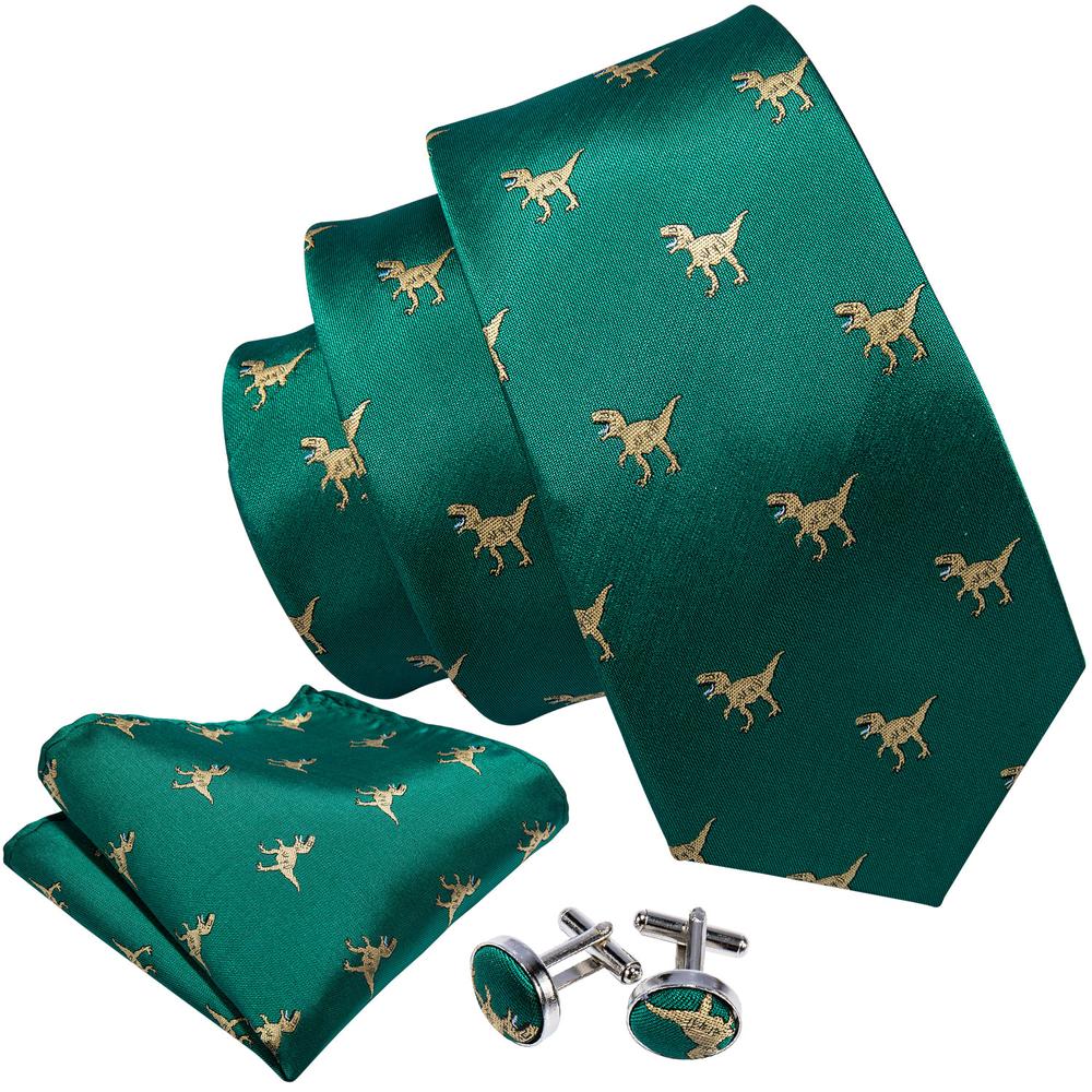 Barry.wang Green Tie Jacquard Dinosaur Men's Tie Hanky Cufflinks