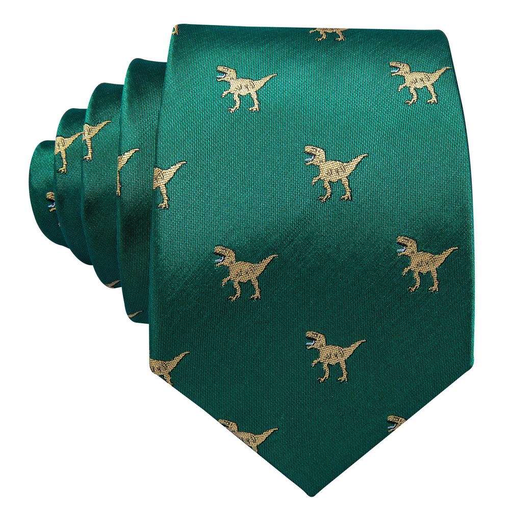Barry.wang Green Tie Jacquard Dinosaur Silk Men's Tie Hanky Cufflinks Set