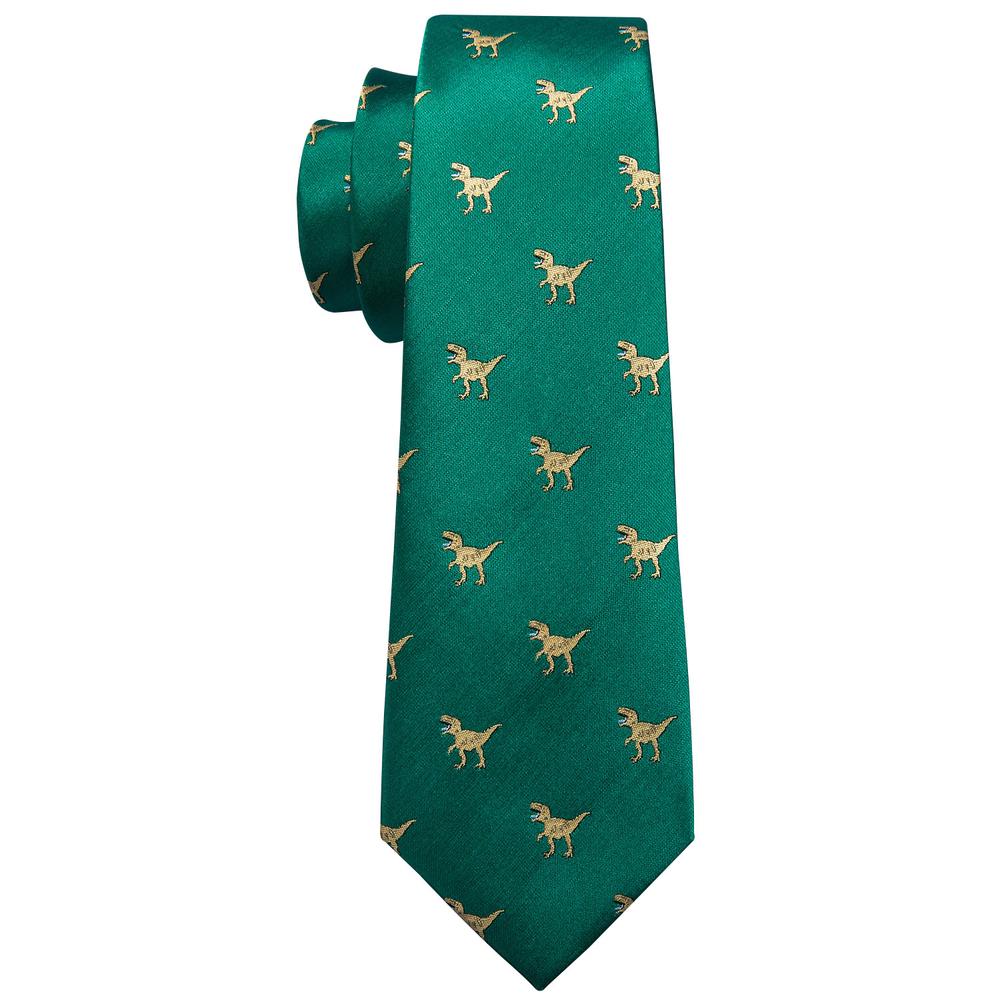 Barry.wang Green Tie Jacquard Dinosaur Men's Tie Hanky Cufflinks