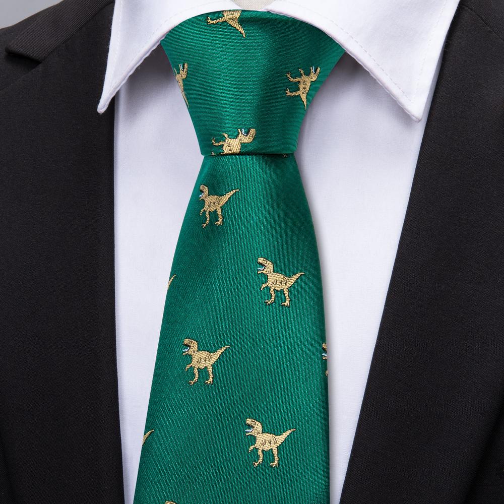 Barry.wang Green Tie Jacquard Dinosaur Silk Men's Tie Hanky Cufflinks Set