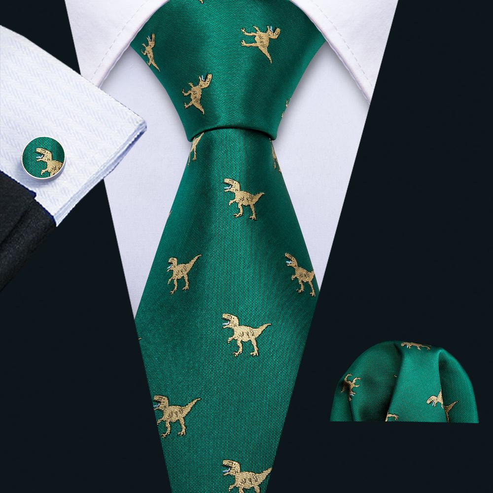 Green Dinosaur Silk Men's Tie Hanky Cufflinks Set
