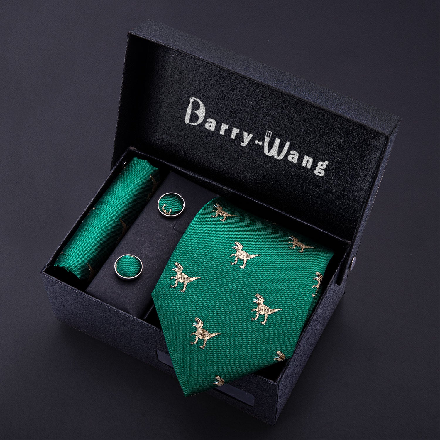 Novelty Green Dinosaur Necktie Pocket Square Cufflink Clip Gift Box Set
