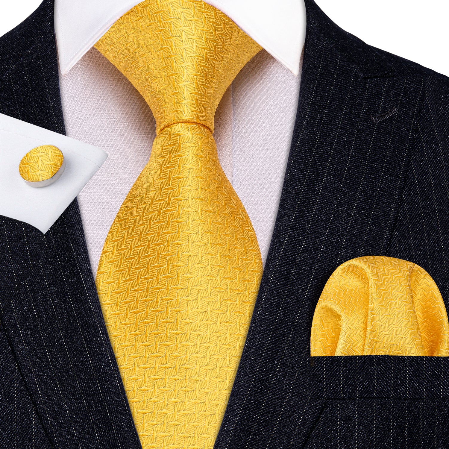 Yellow Novelty Silk Tie Pocket Square Cufflinks Set