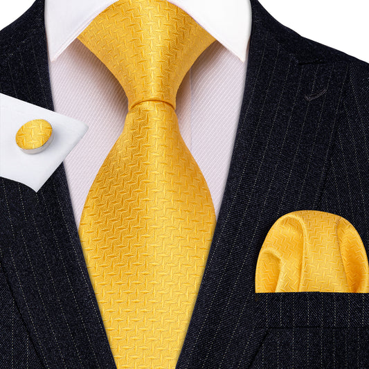 Men's Yellow Novelty Silk Tie Pocket Square Cufflinks Set