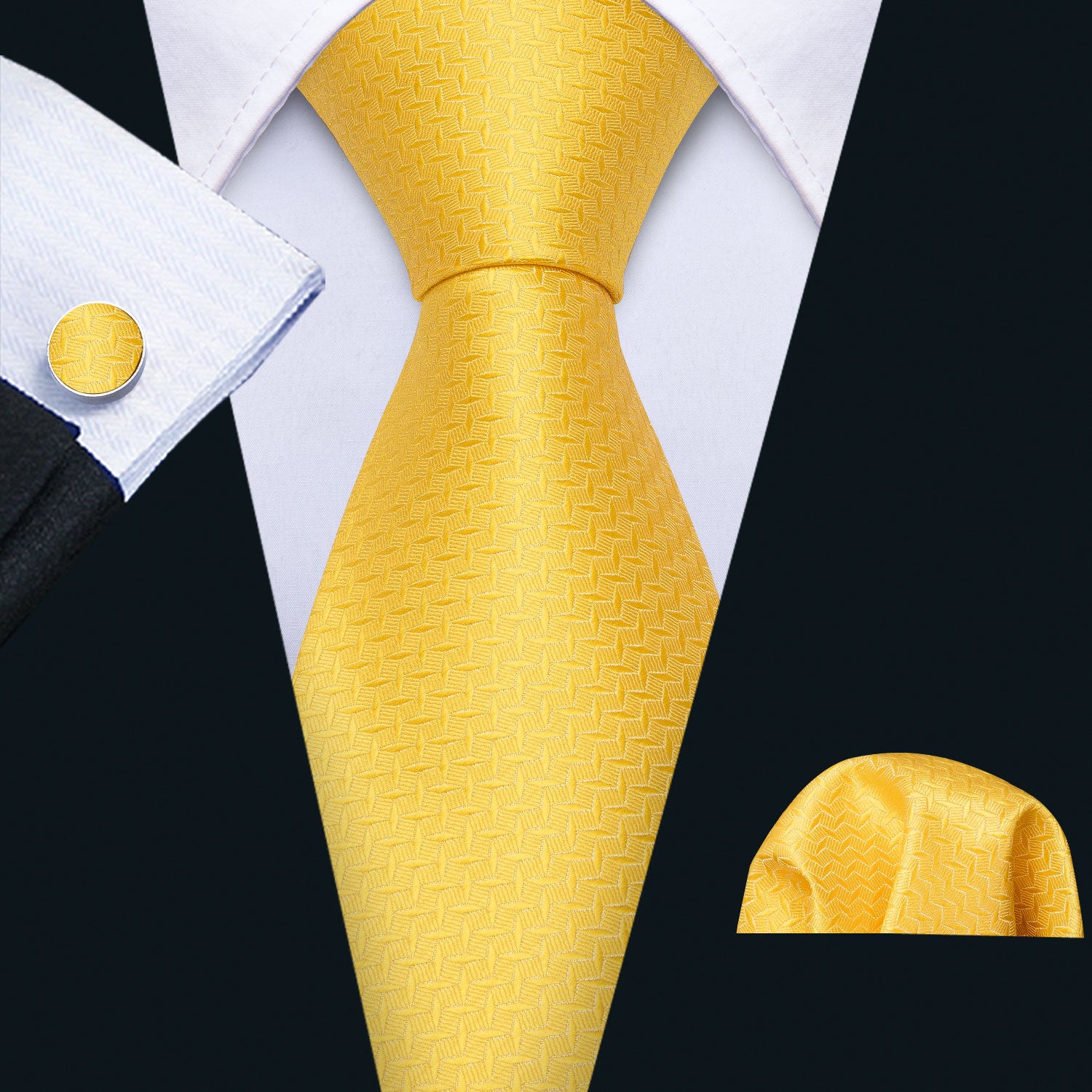 Men's Yellow Novelty Silk Tie Pocket Square Cufflinks Set