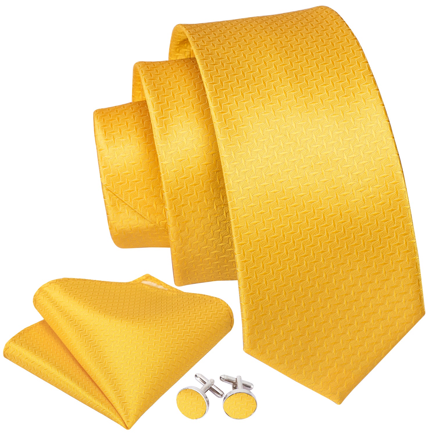 Men's Yellow Novelty Silk Tie Pocket Square Cufflinks Set