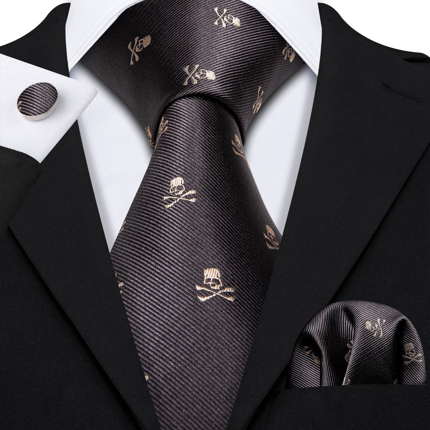 Novelty Gray Halloween Skull Necktie Alloy Lapel Pin Brooch Pocket Square Cufflinks Gift Box Set