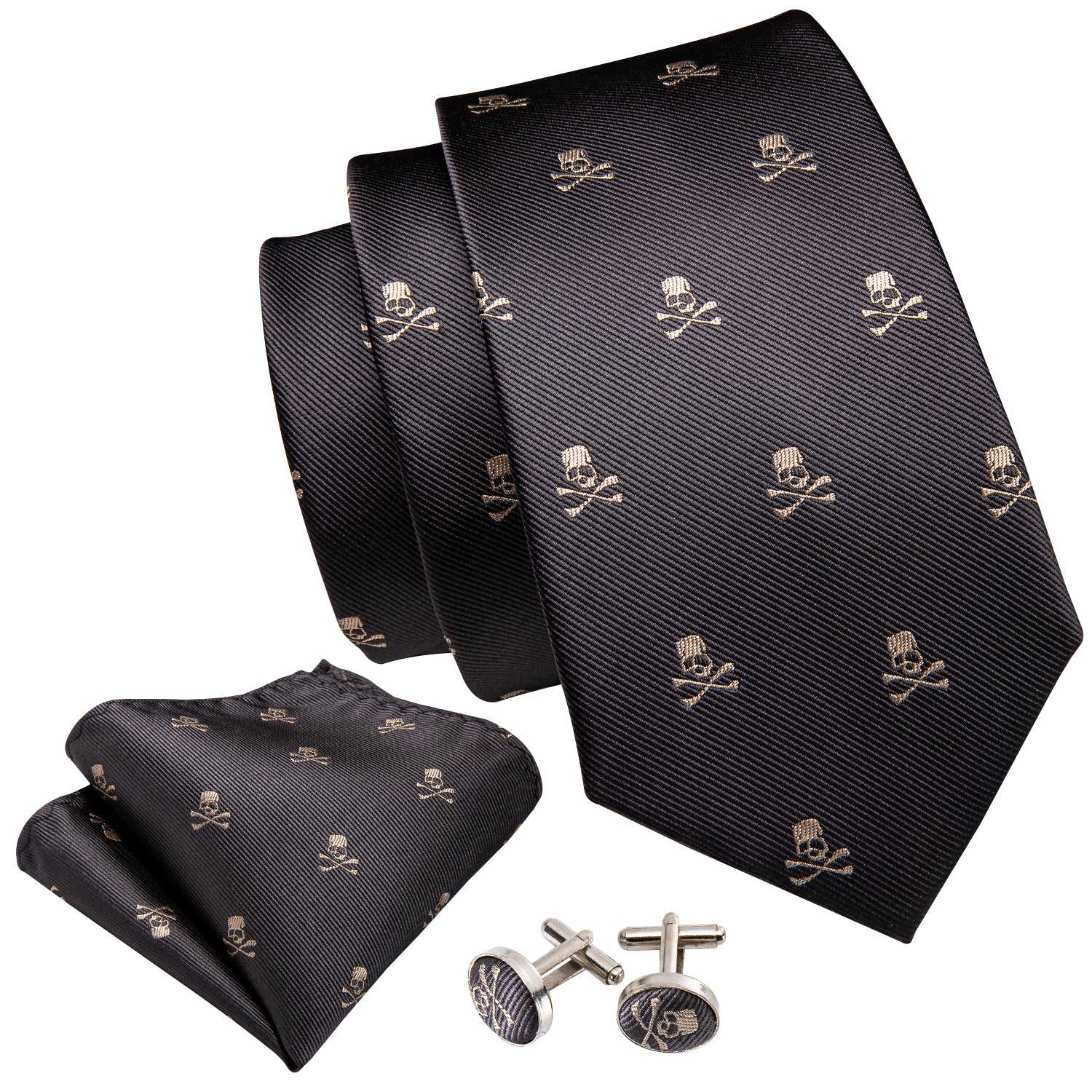 Novelty Halloween Gray Skull Tie Tie Hanky Cufflinks Set