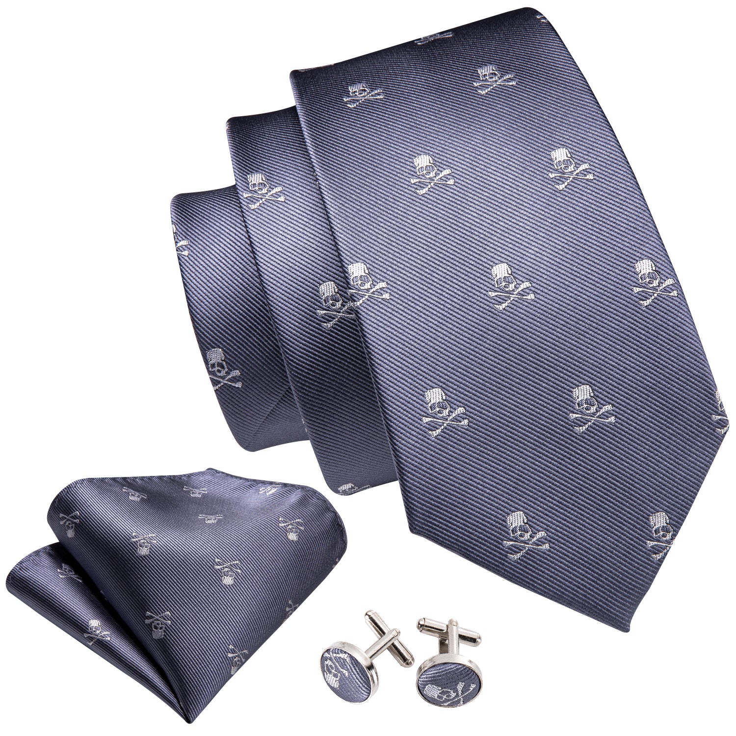 Novelty Light Blue Skull Tie Tie Hanky Cufflinks Set