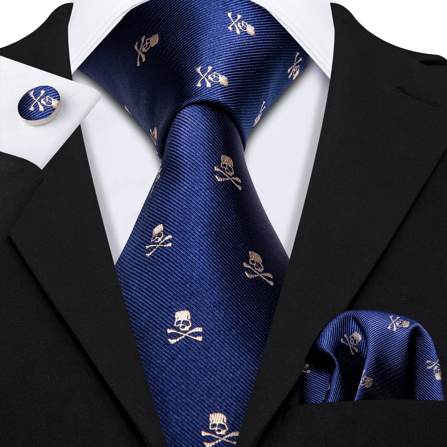 Blue Necktie Navy Blue Skull Men's Tie Hanky Cufflinks Set