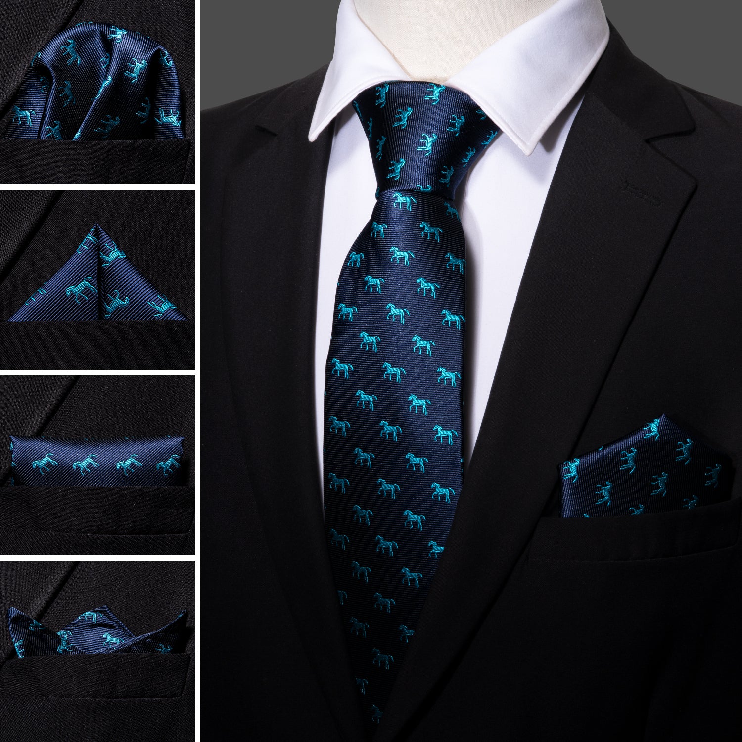  Novelty Horse Pattern Blue Ties Men Tie Hanky Cufflinks Set