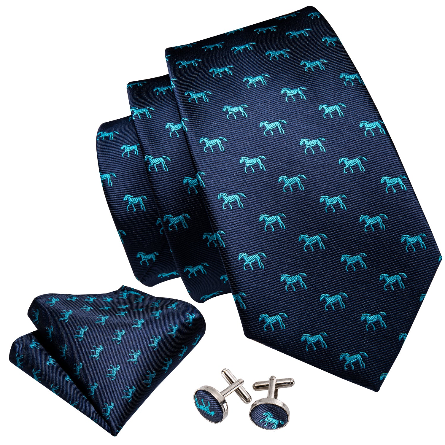  Novelty Horse Pattern Blue Ties Men Tie Hanky Cufflinks Set