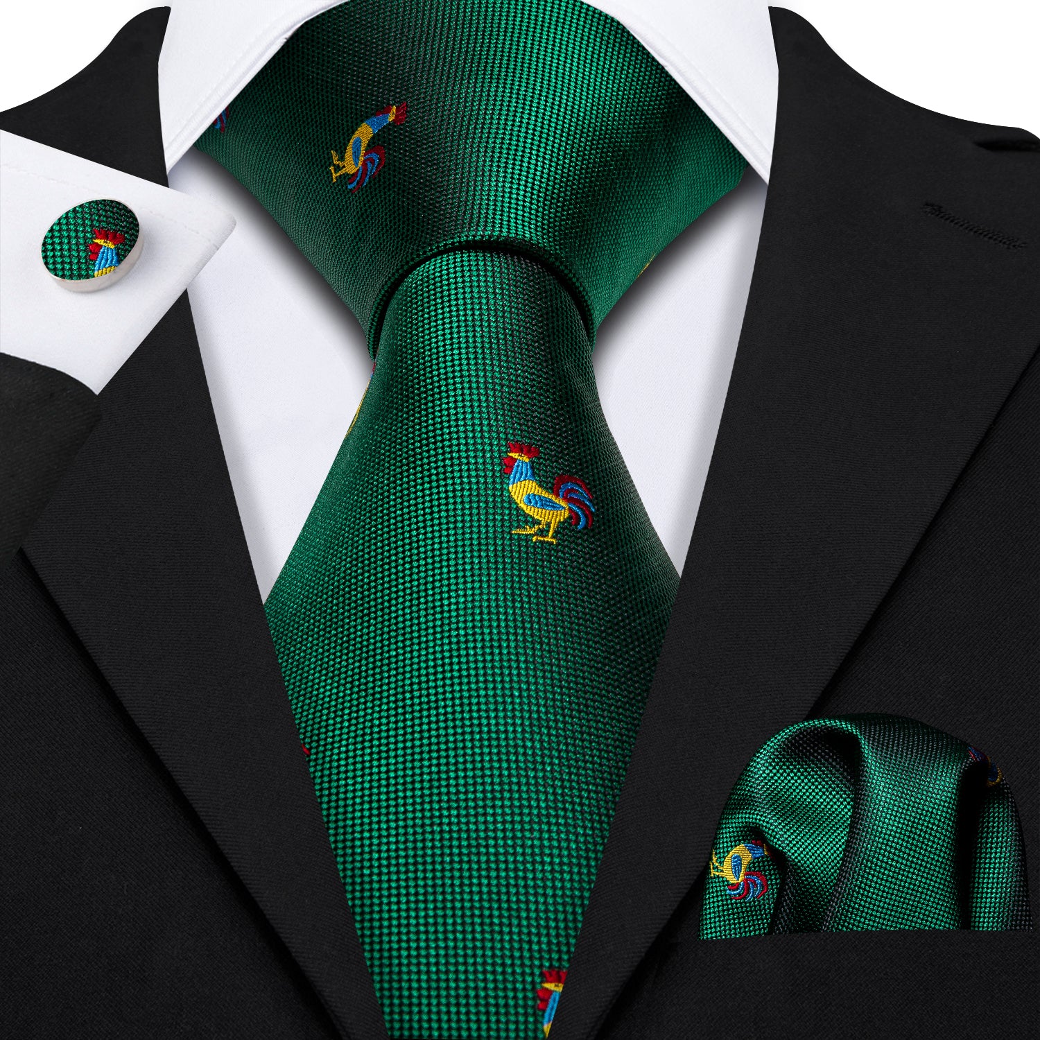 Green Tie Novelty Rooster Pattern Necktie Hanky Cufflinks Set