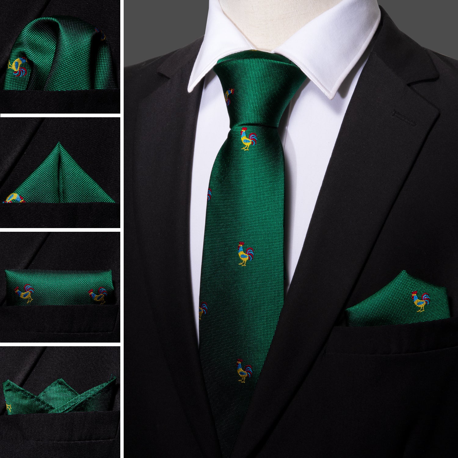 Barry Wang Green Tie Novelty Rooster Pattern Necktie Hanky Cufflinks Set