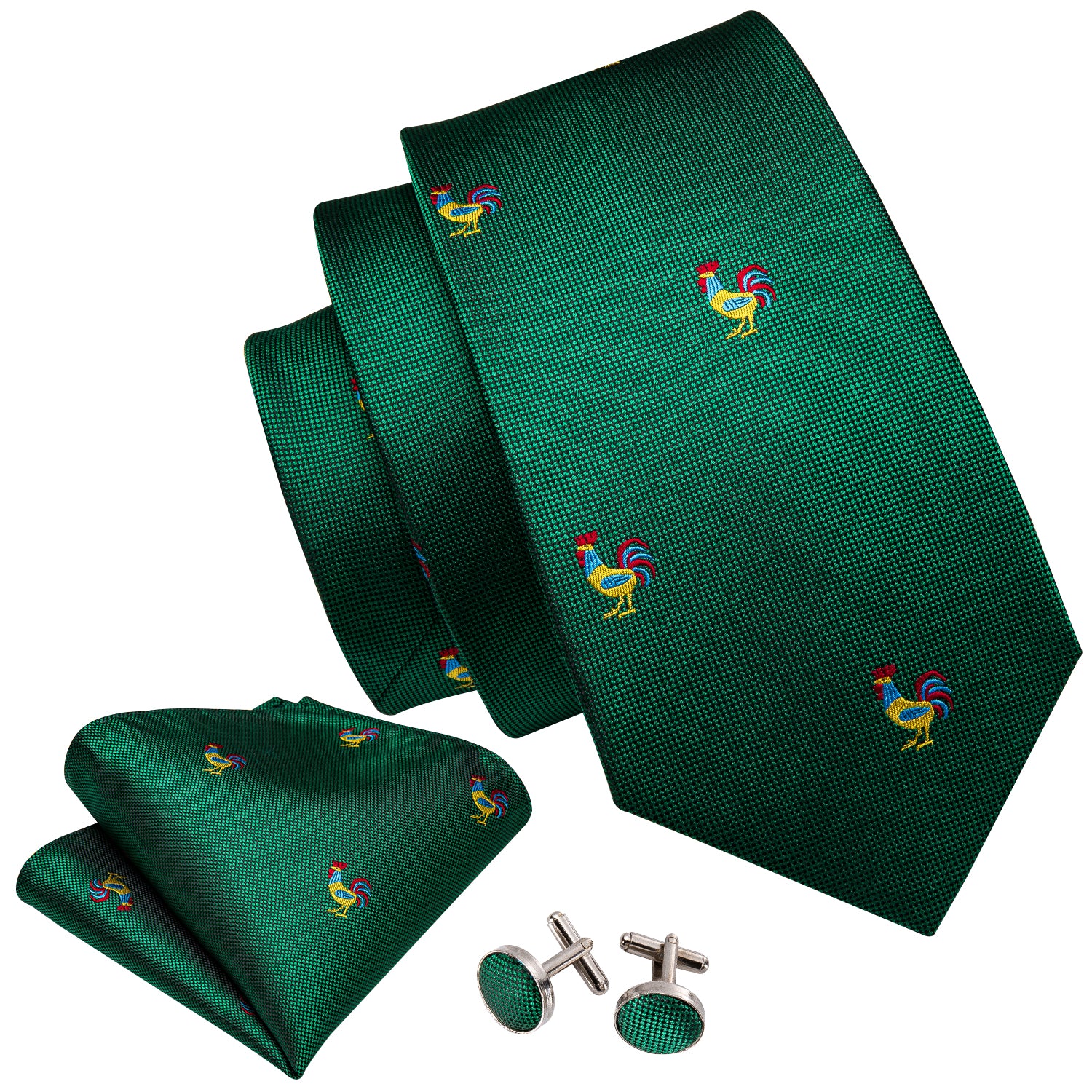 Green Tie Novelty Rooster Pattern Necktie Hanky Cufflinks Set