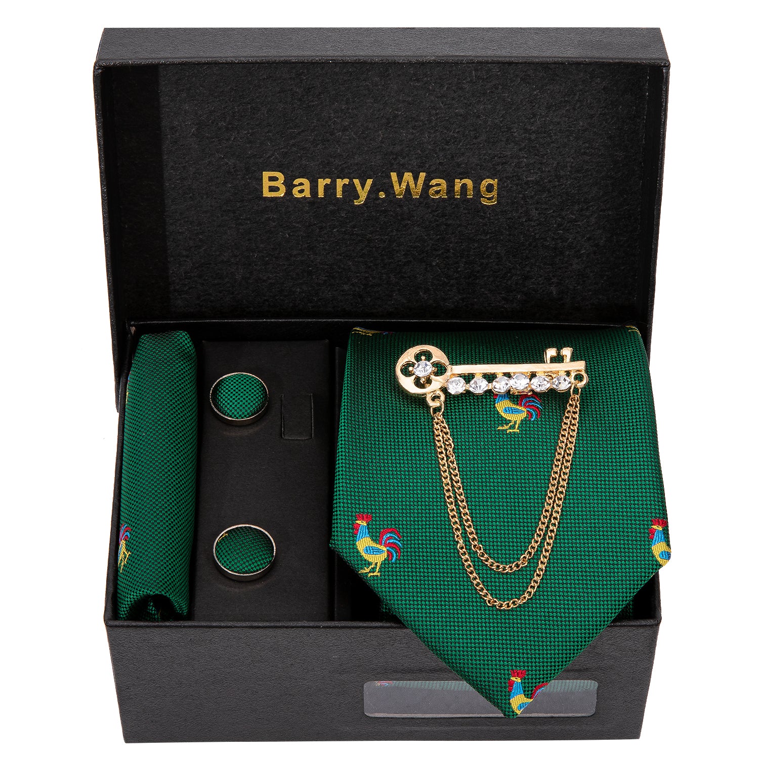 Novelty Rooster Green Necktie Alloy Lapel Pin Brooch Pocket Square Cufflinks Gift Box Set