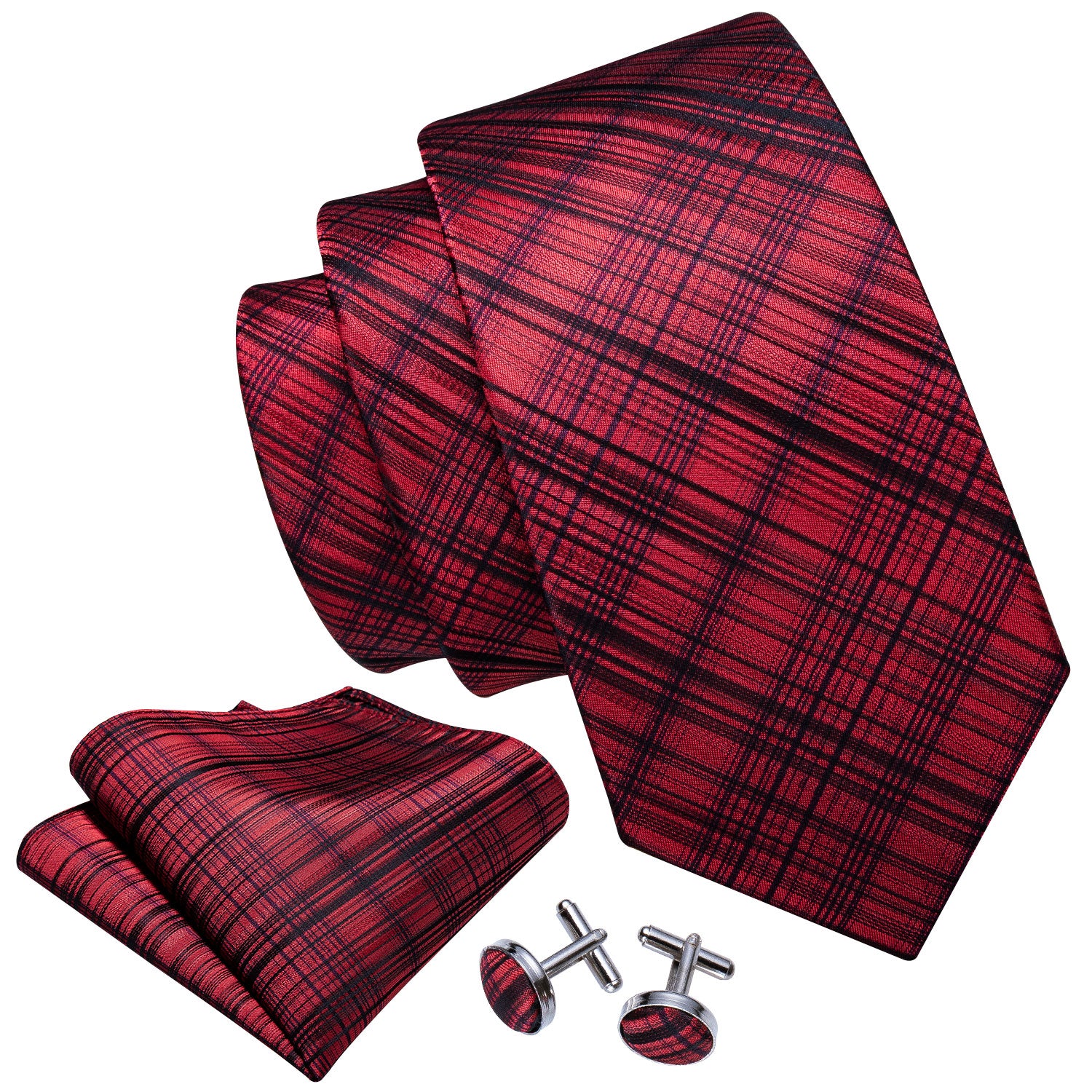 High Gloss Red and Black  Stripe Tie Pocket Square Cufflinks Set