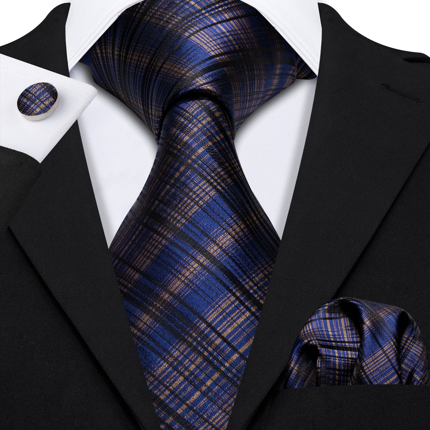 Blue and Brown Stripe Tie Tie Hanky Cufflinks Set