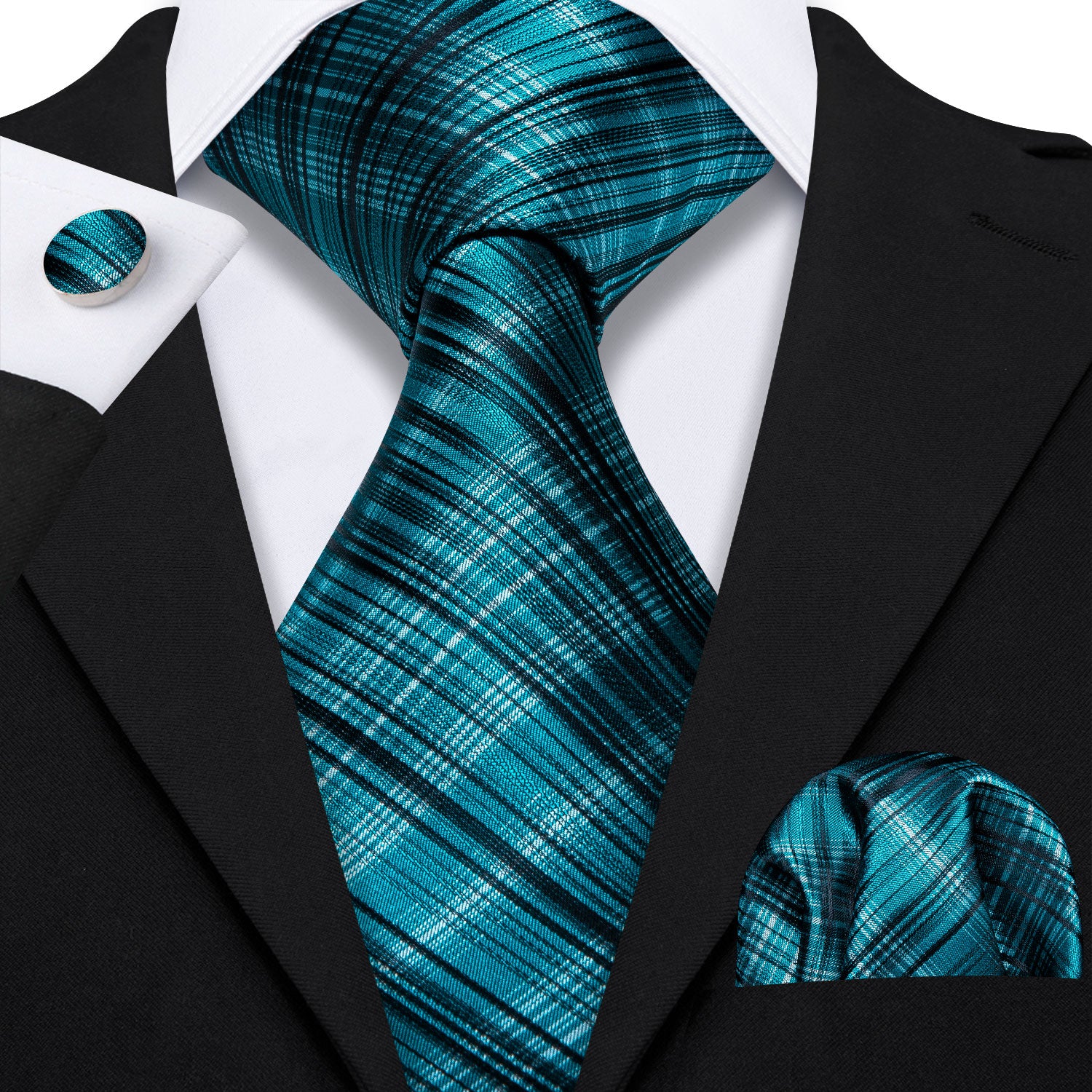 High Gloss Blue Black Stripe Tie Pocket Square Cufflinks Set