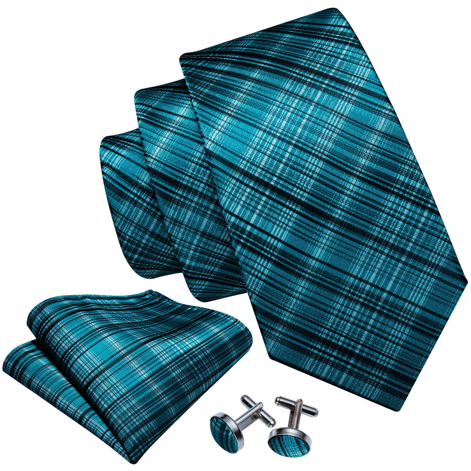 High Gloss Blue and Black Stripe Tie Pocket Square Cufflinks Set