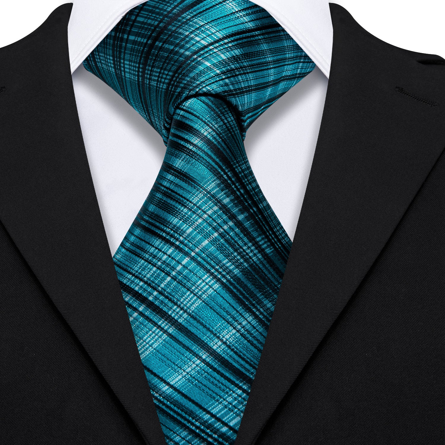 High Gloss Blue Black Stripe Tie Pocket Square Cufflinks Set