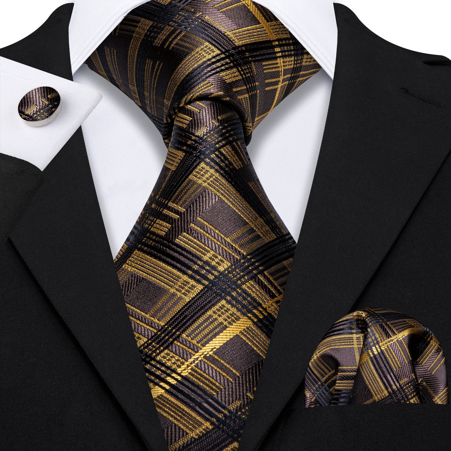 Brown Yellow Stripe Plaid Tie Pocket Square Cufflinks Set
