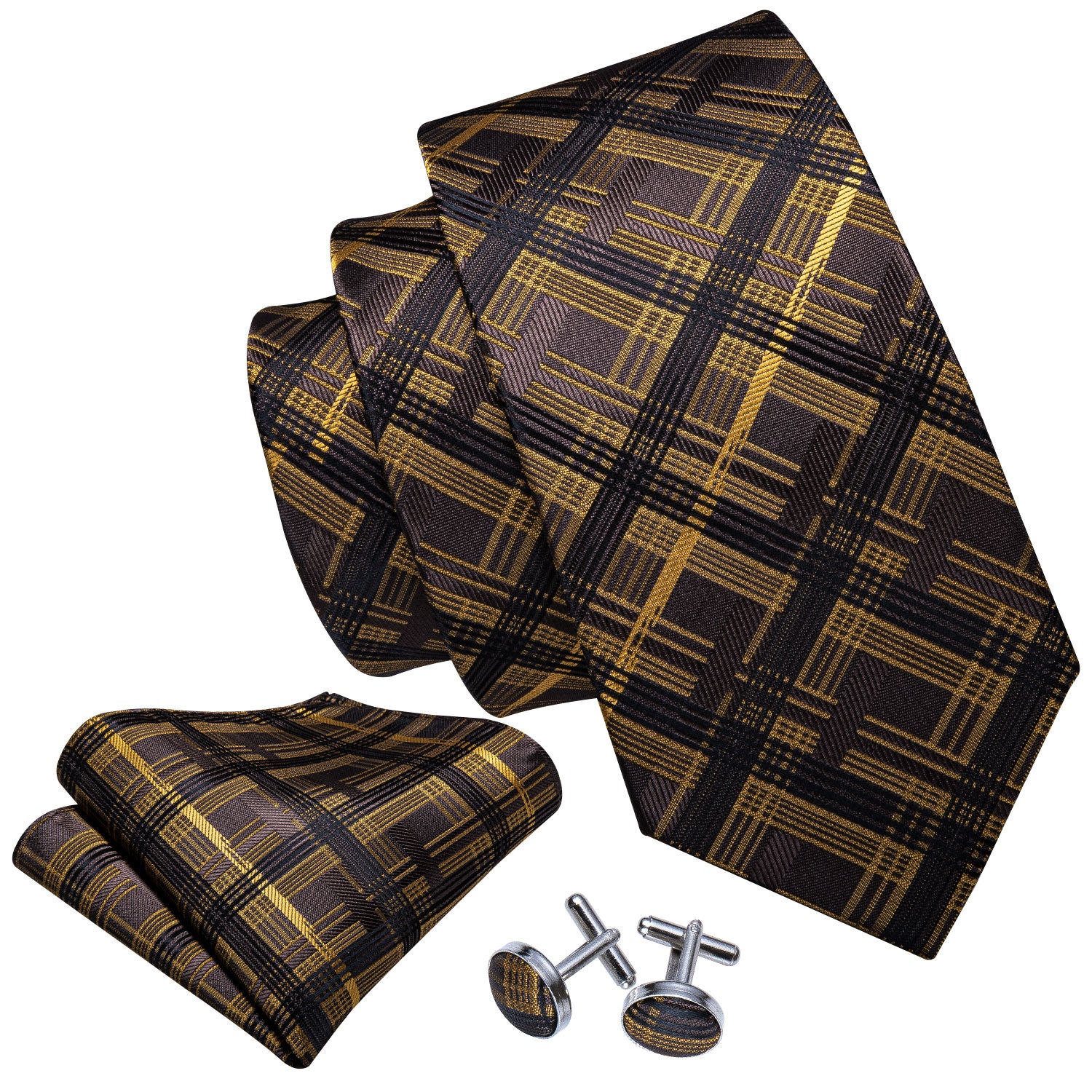 Brown Yellow Stripe Plaid Tie Pocket Square Cufflinks Set