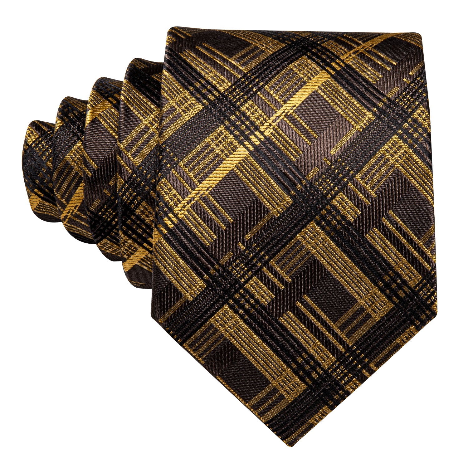 Brown Yellow Stripe Plaid Tie Pocket Square Cufflinks Set