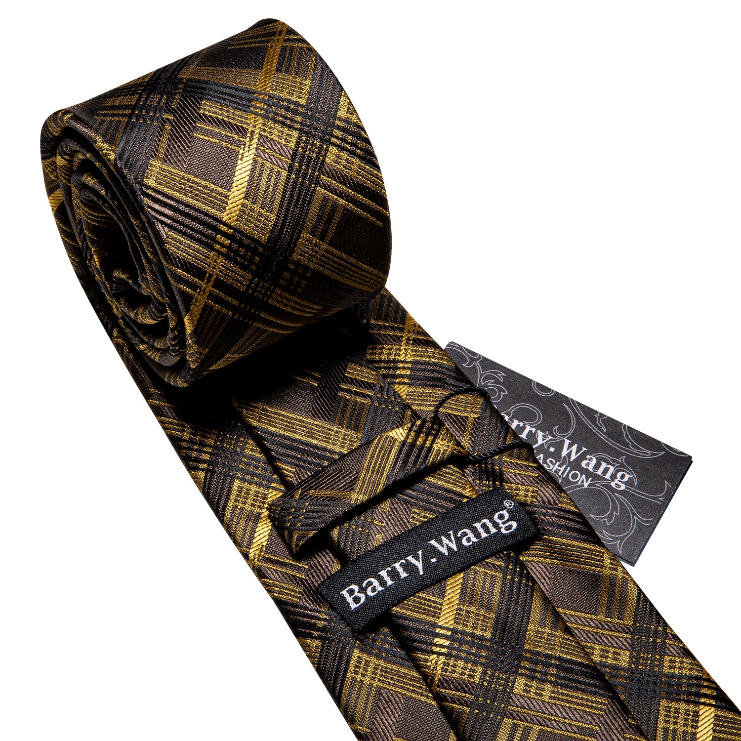 Brown Yellow Stripe Plaid Tie Pocket Square Cufflinks Set