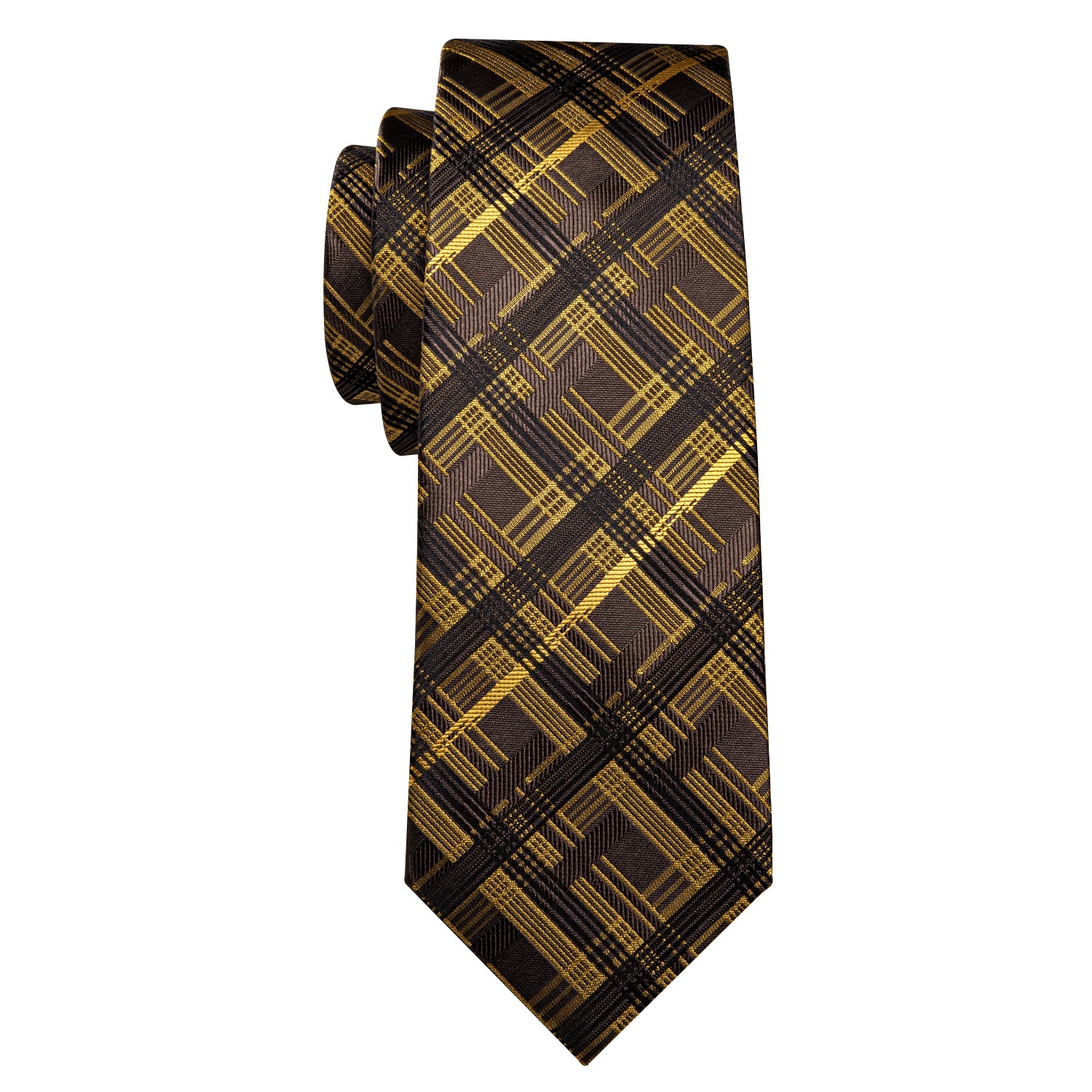 Brown Yellow Stripe Plaid Tie Pocket Square Cufflinks Set