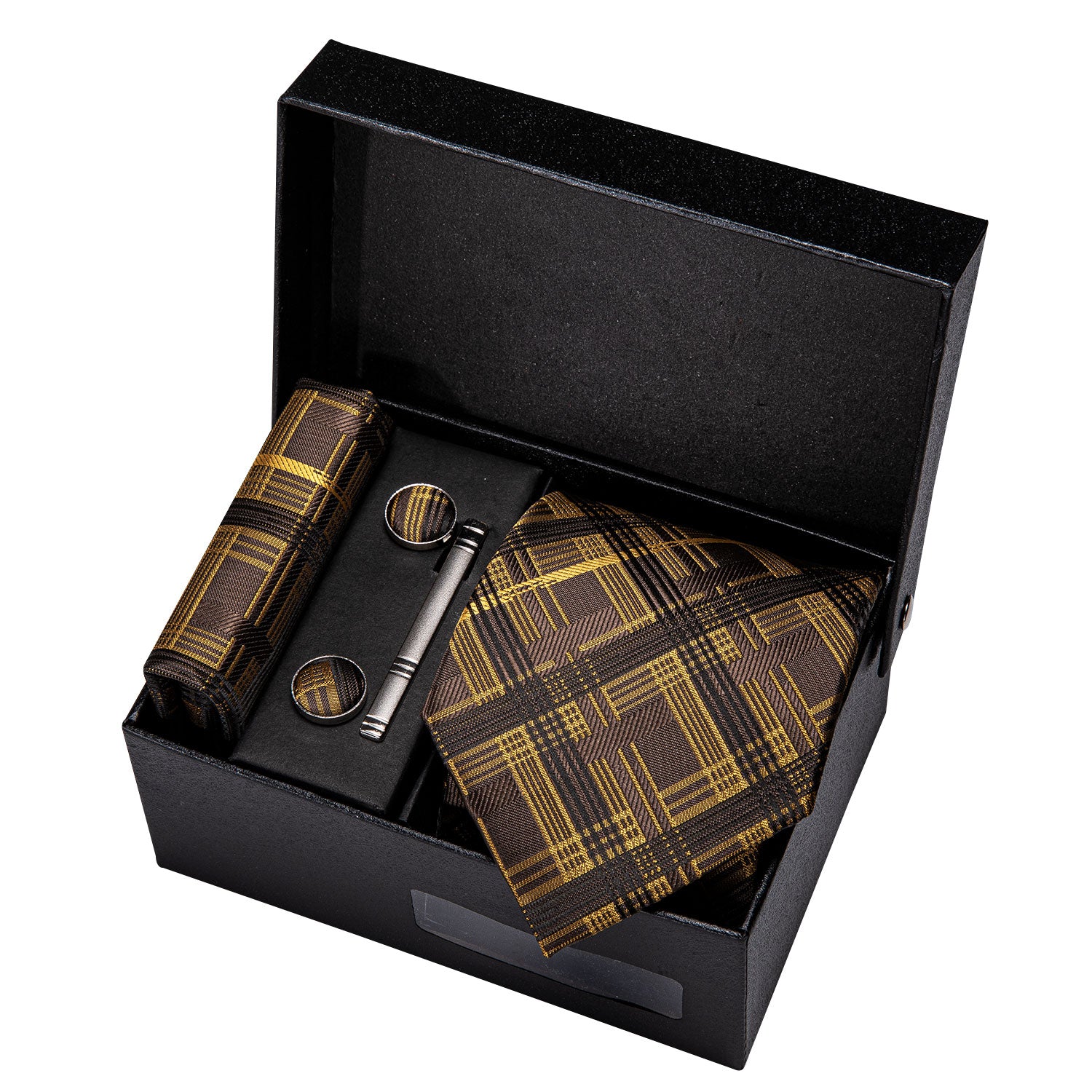 Brown Yellow Plaid Necktie Pocket Square Cufflink Clip Gift Box Set