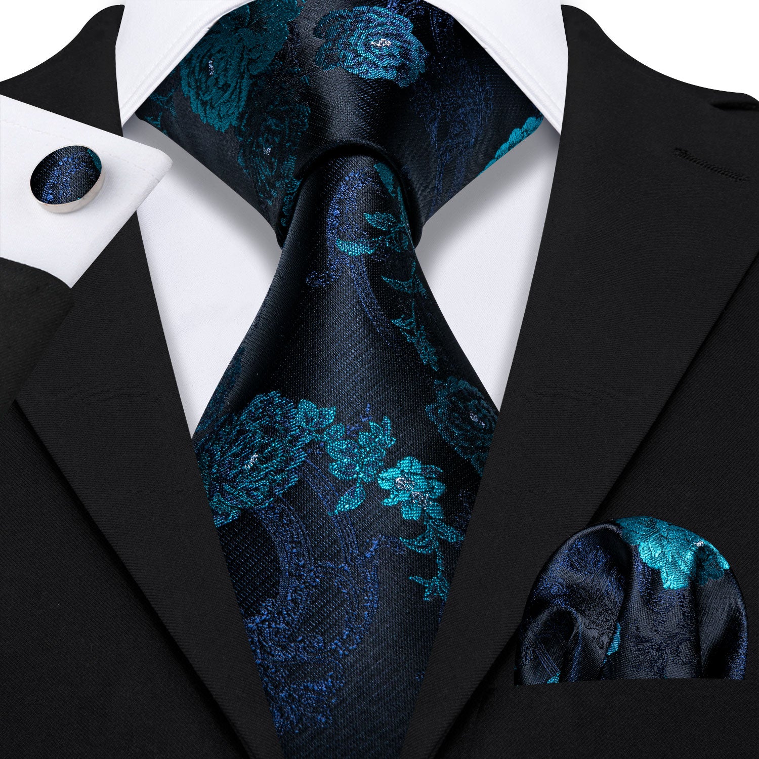  Black Blue Floral Black Silk Tie Pocket Square Cufflinks Set