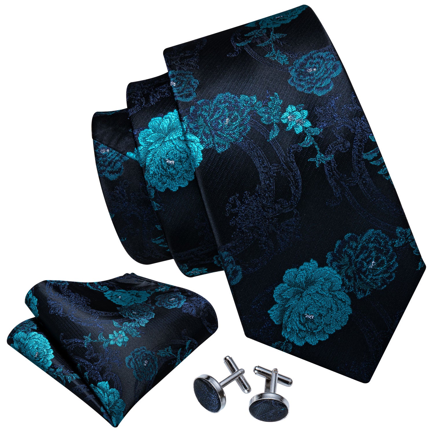  Black Blue Floral Black Silk Tie Pocket Square Cufflinks Set