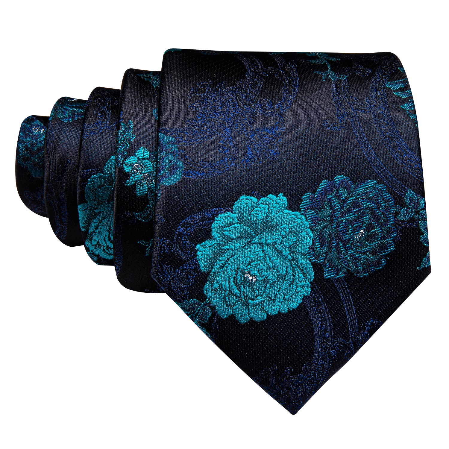  Black Blue Floral Black Silk Tie Pocket Square Cufflinks Set