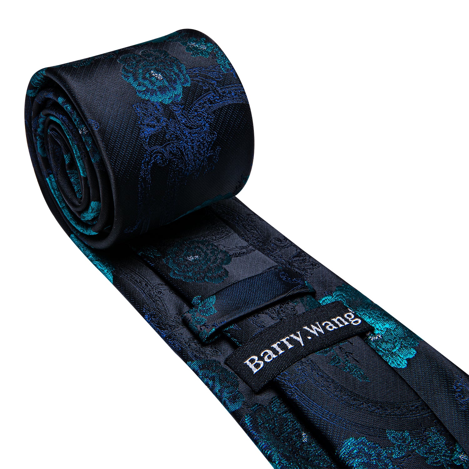  Black Blue Floral Black Silk Tie Pocket Square Cufflinks Set