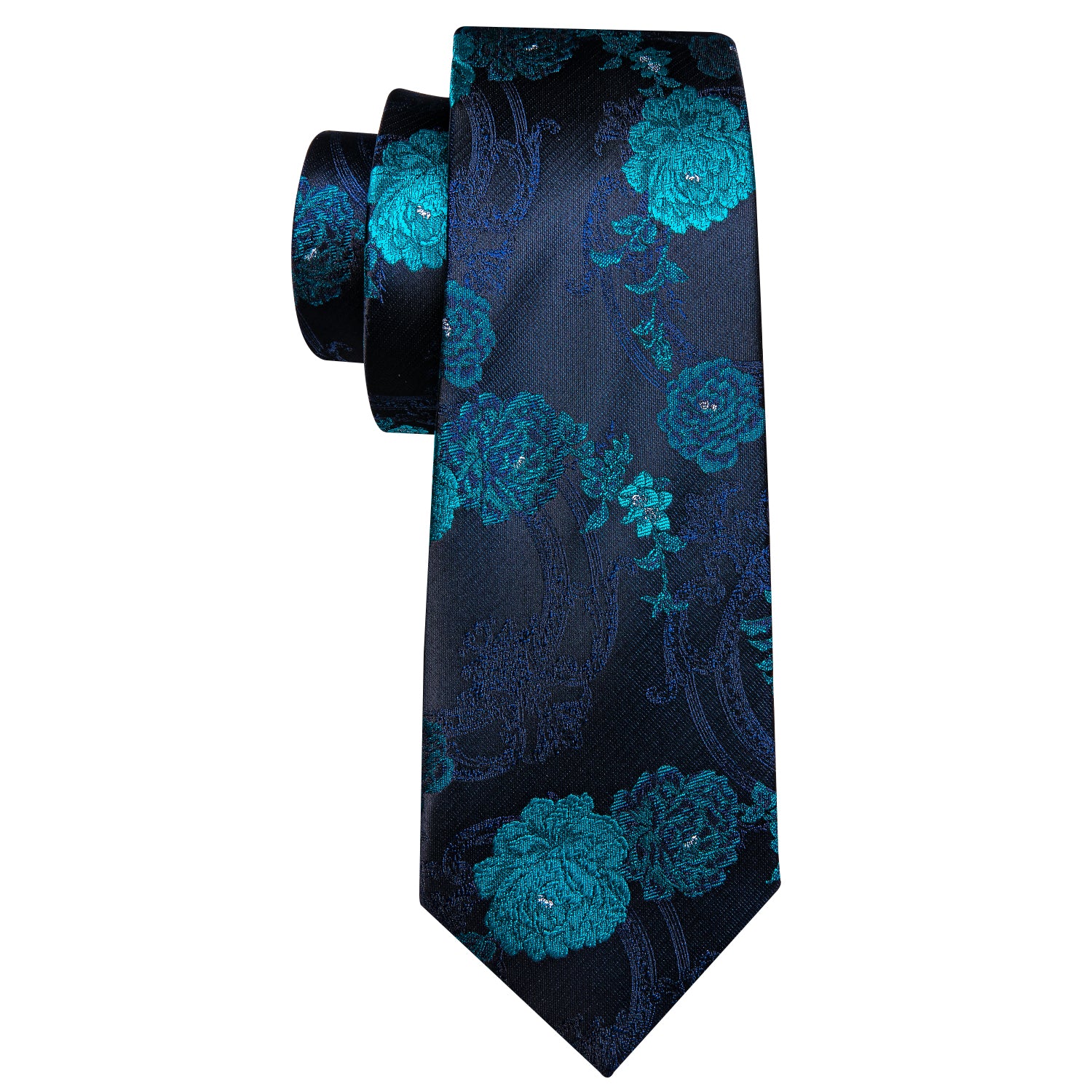  Black Blue Floral Black Silk Tie Pocket Square Cufflinks Set