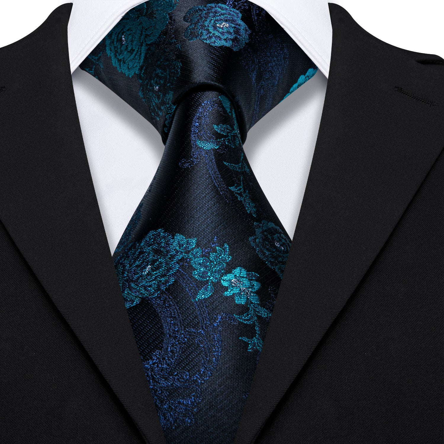  Black Blue Floral Black Silk Tie Pocket Square Cufflinks Set