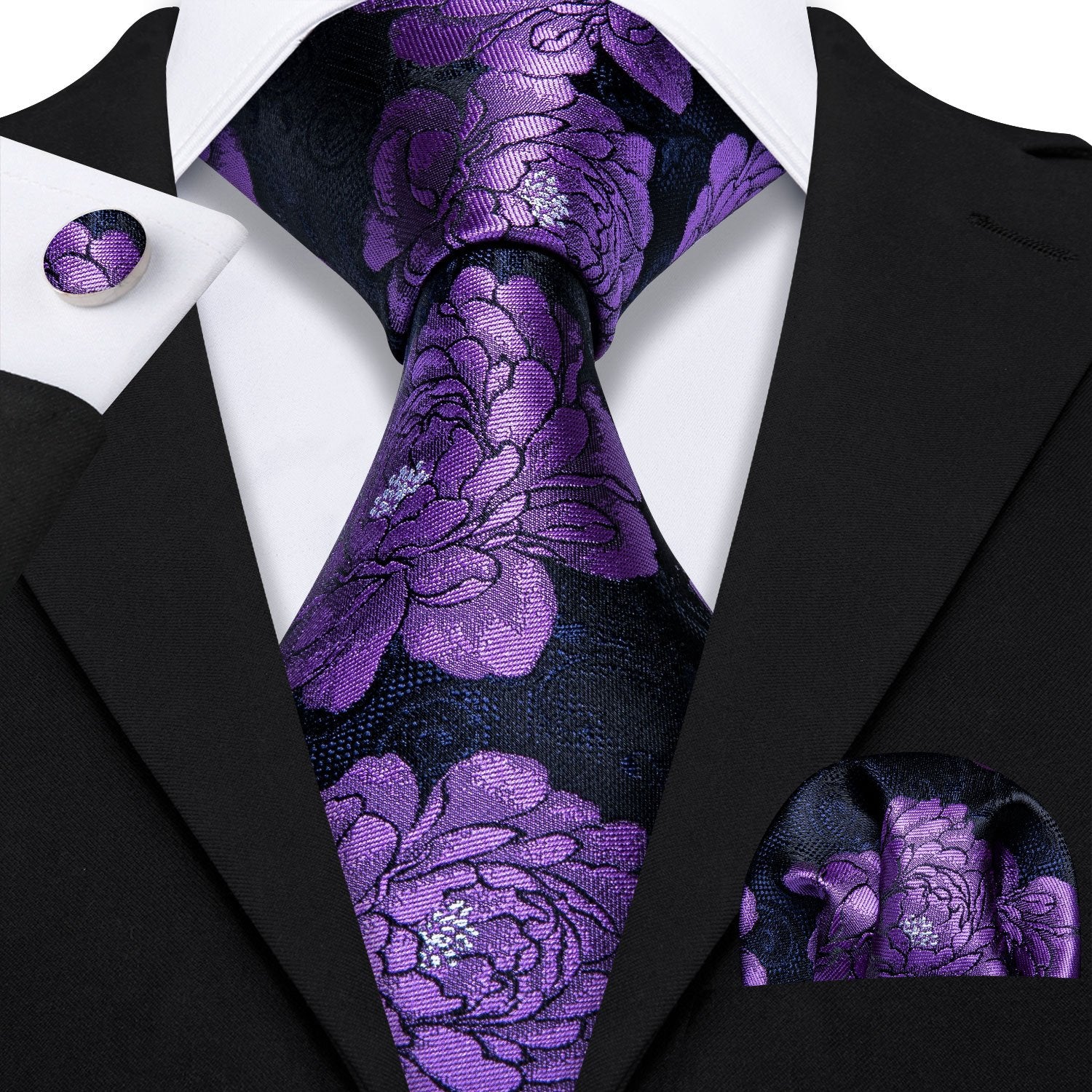 Luxury Purple Floral Necktie Alloy Lapel Pin Brooch Pocket Square Cufflinks Gift Box Set